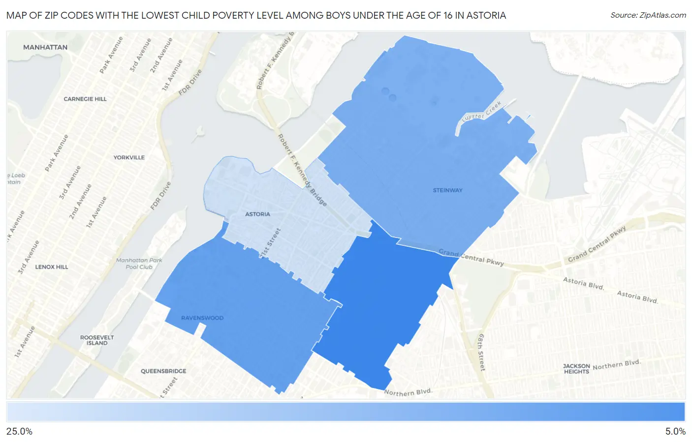 Zip Codes with the Lowest Child Poverty Level Among Boys Under the Age of 16 in Astoria Map