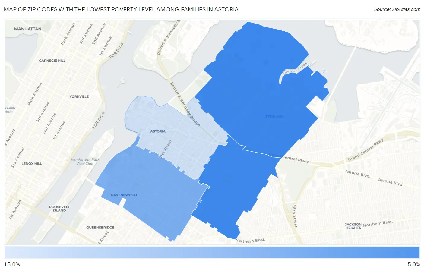 Zip Codes with the Lowest Poverty Level Among Families in Astoria Map