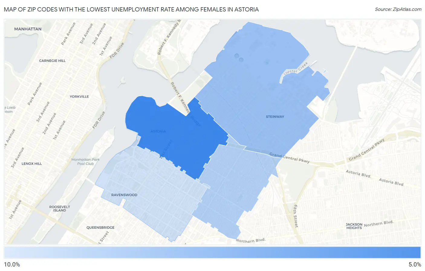 Zip Codes with the Lowest Unemployment Rate Among Females in Astoria Map