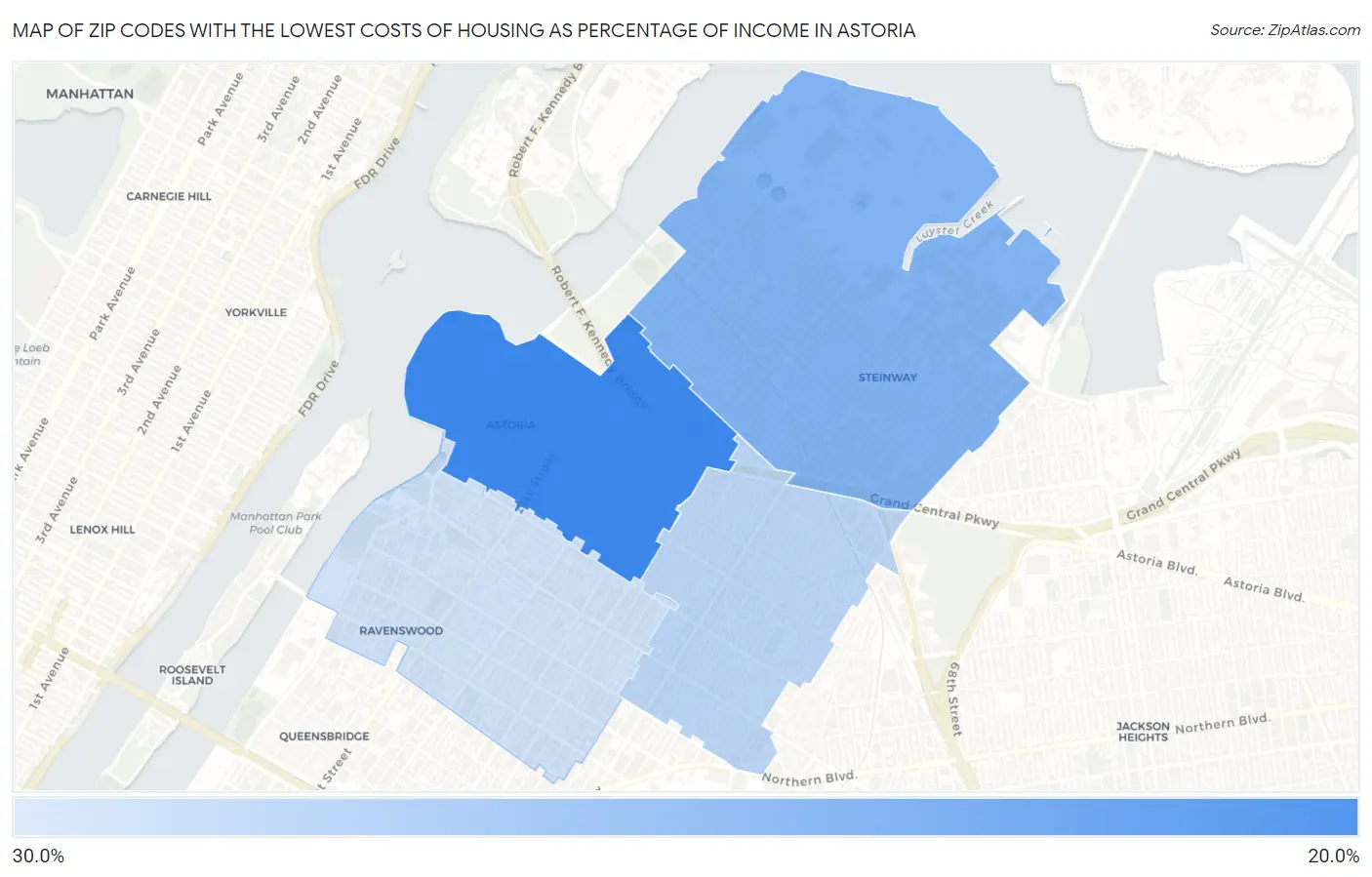 Zip Codes with the Lowest Costs of Housing as Percentage of Income in Astoria Map