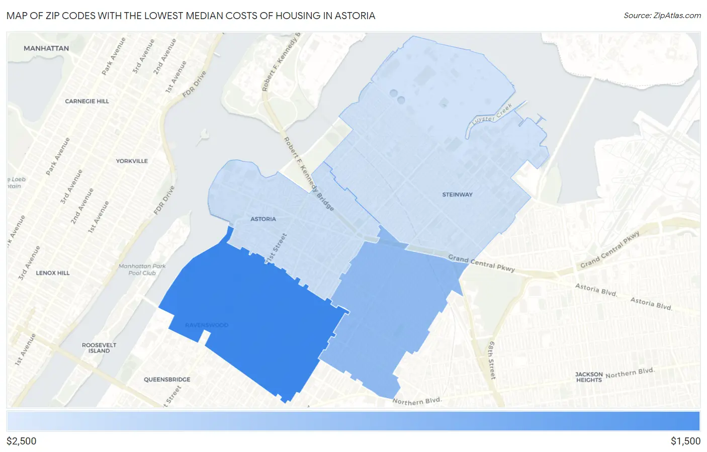 Zip Codes with the Lowest Median Costs of Housing in Astoria Map