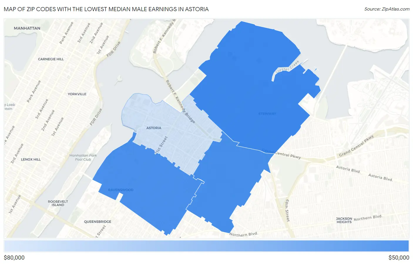 Zip Codes with the Lowest Median Male Earnings in Astoria Map