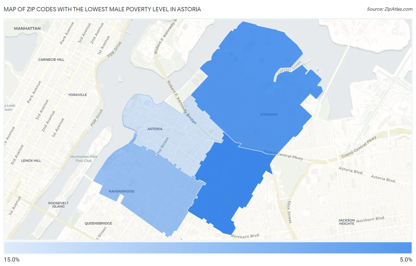 Zip Codes with the Lowest Male Poverty Level in Astoria Map