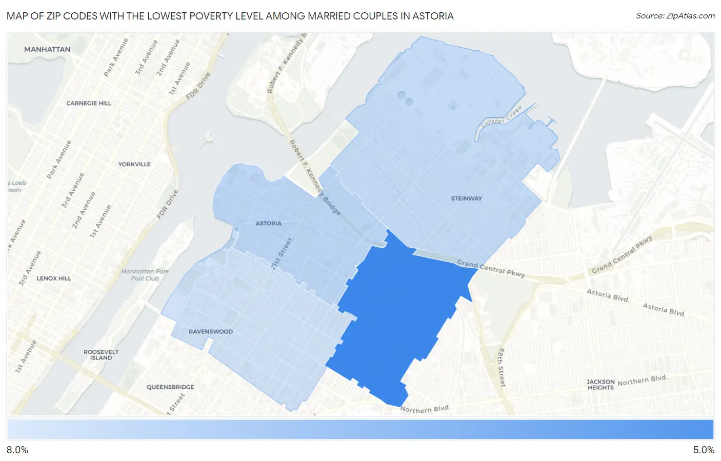 Zip Codes with the Lowest Poverty Level Among Married Couples in Astoria Map