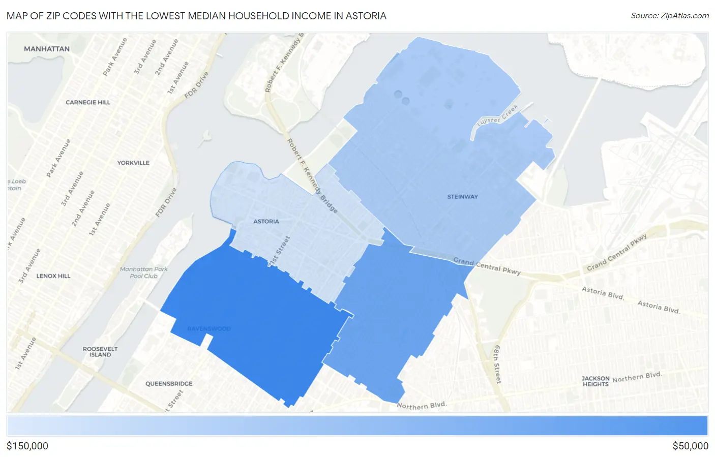 Zip Codes with the Lowest Median Household Income in Astoria Map