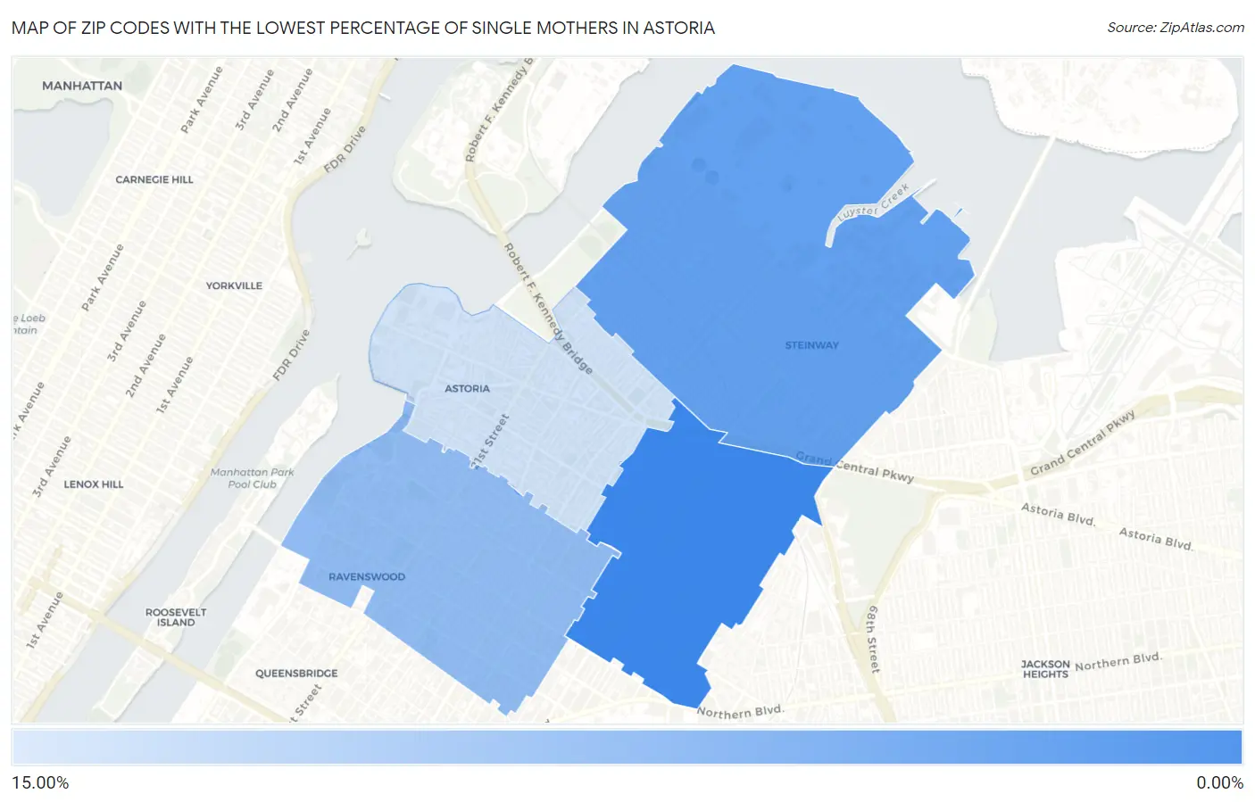 Zip Codes with the Lowest Percentage of Single Mothers in Astoria Map