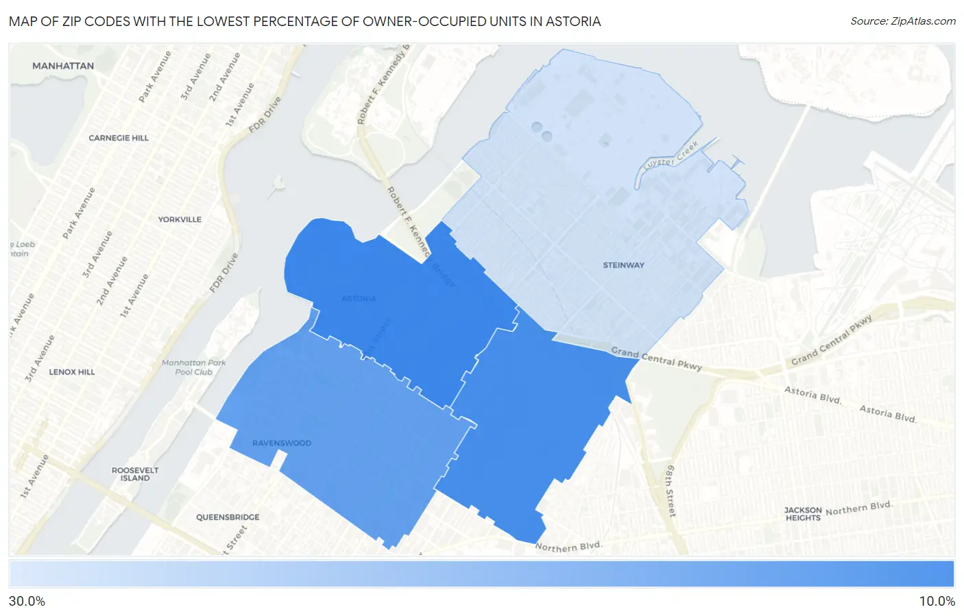 Zip Codes with the Lowest Percentage of Owner-Occupied Units in Astoria Map