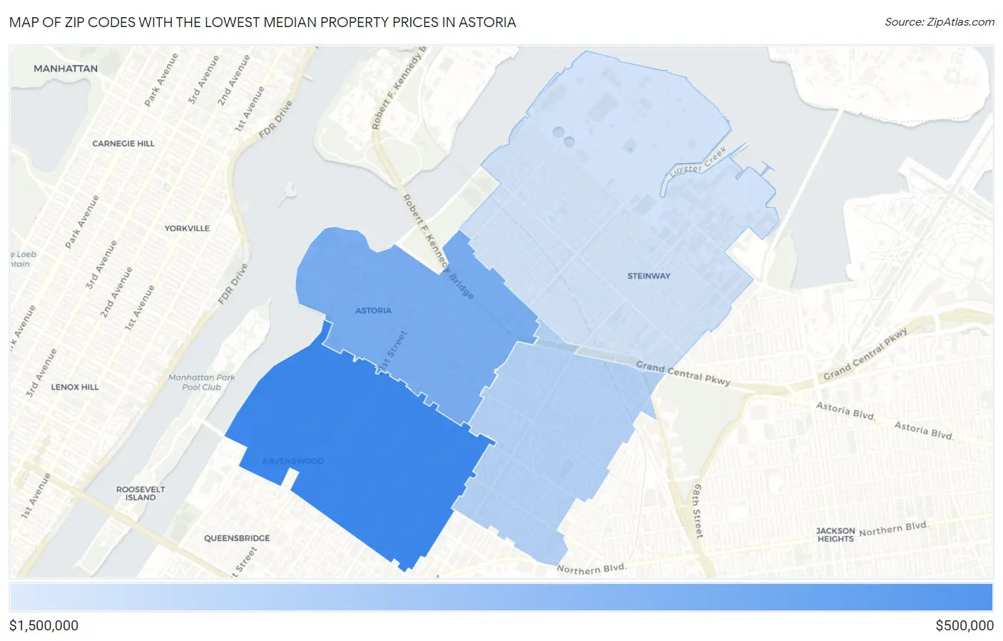 Zip Codes with the Lowest Median Property Prices in Astoria Map