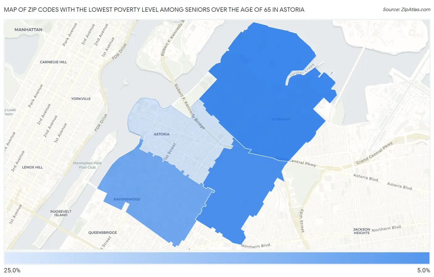 Zip Codes with the Lowest Poverty Level Among Seniors Over the Age of 65 in Astoria Map