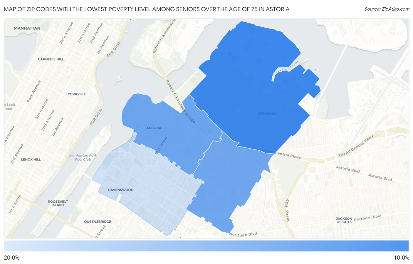 Zip Codes with the Lowest Poverty Level Among Seniors Over the Age of 75 in Astoria Map