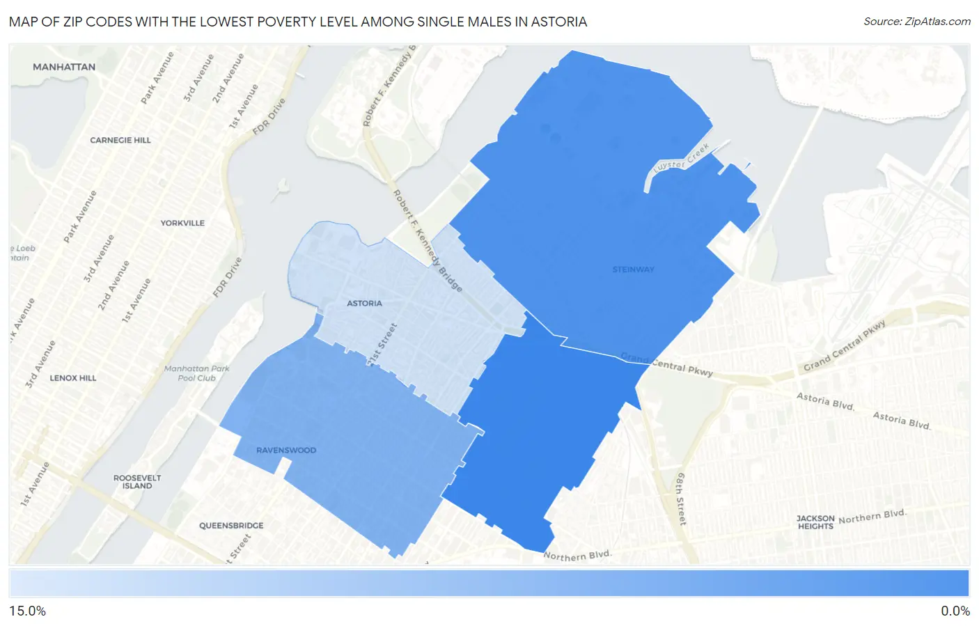 Zip Codes with the Lowest Poverty Level Among Single Males in Astoria Map