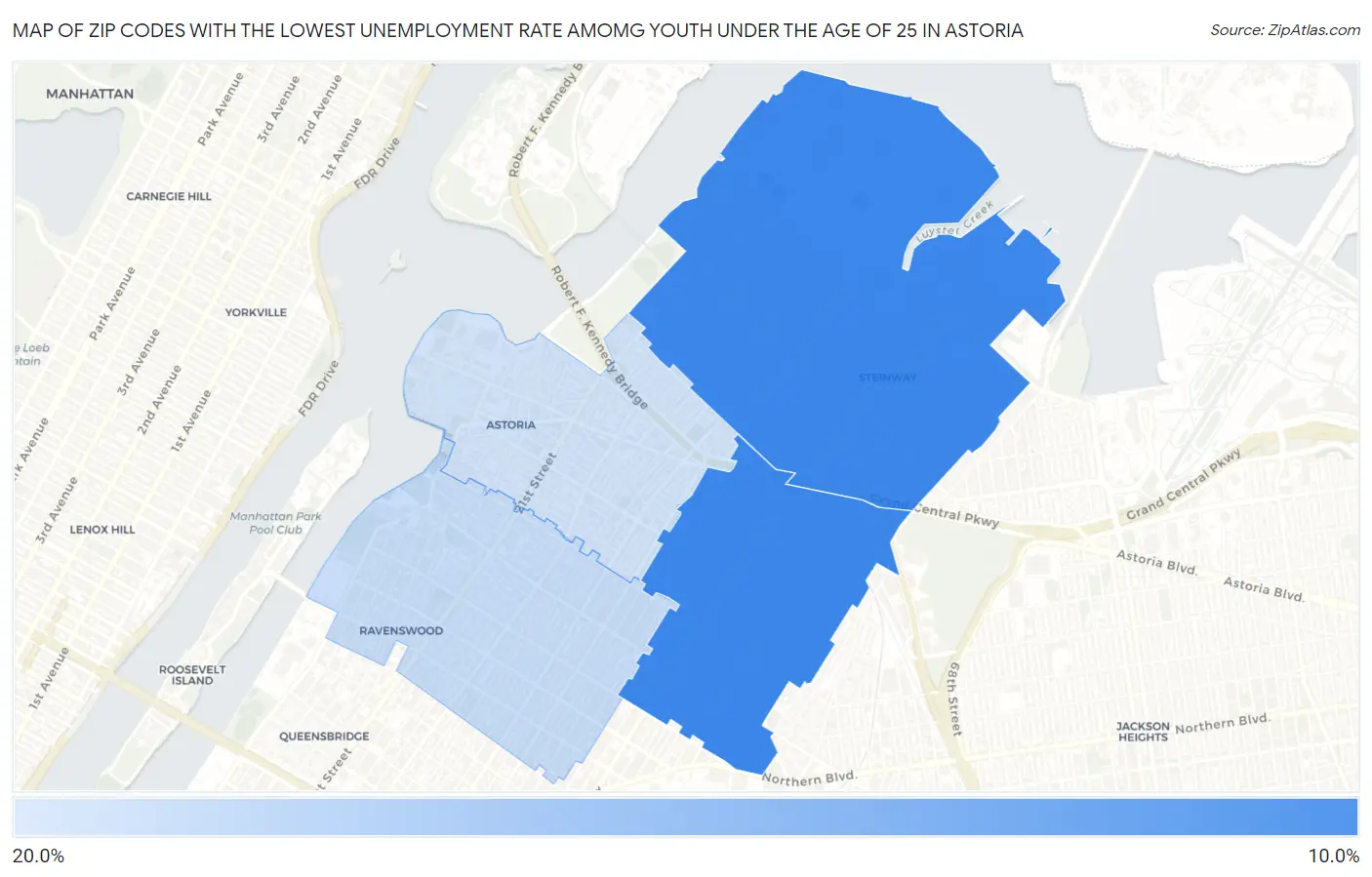 Zip Codes with the Lowest Unemployment Rate Amomg Youth Under the Age of 25 in Astoria Map