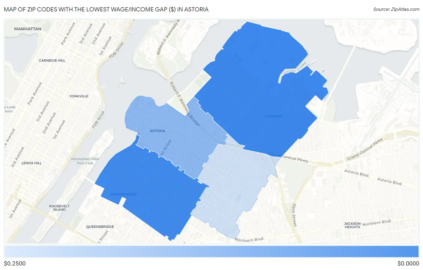 Zip Codes with the Lowest Wage/Income Gap ($) in Astoria Map