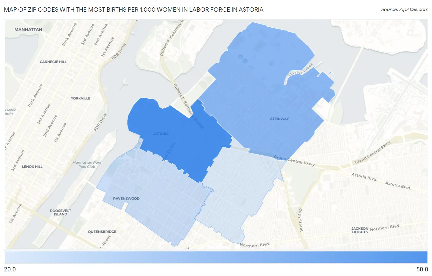 Zip Codes with the Most Births per 1,000 Women in Labor Force in Astoria Map