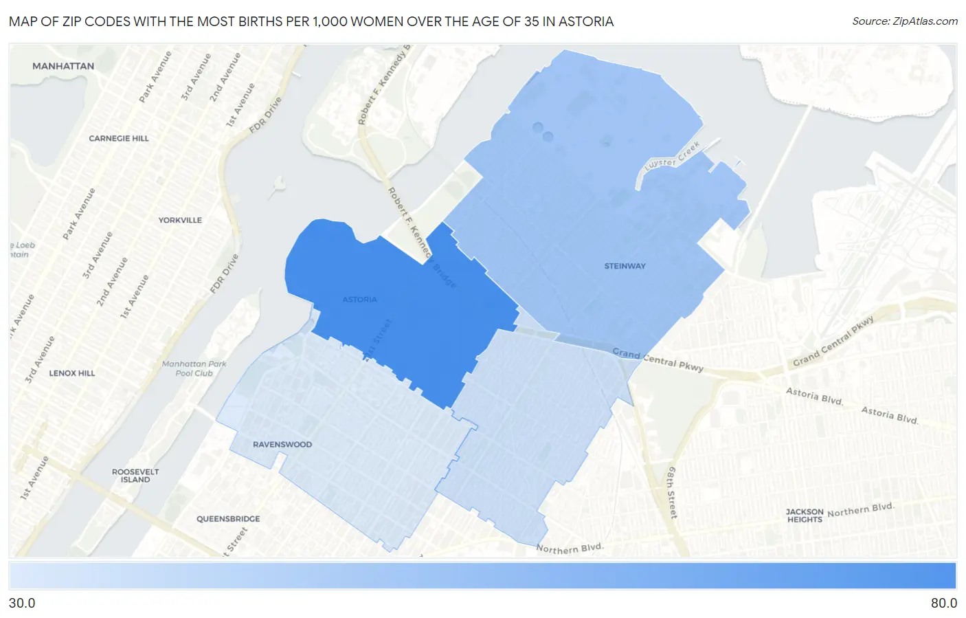 Zip Codes with the Most Births per 1,000 Women Over the Age of 35 in Astoria Map