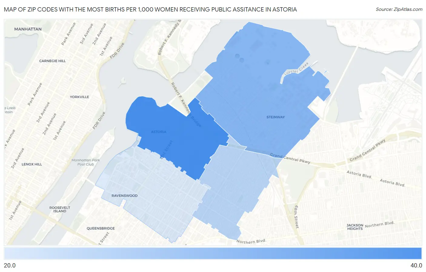 Zip Codes with the Most Births per 1,000 Women Receiving Public Assitance in Astoria Map
