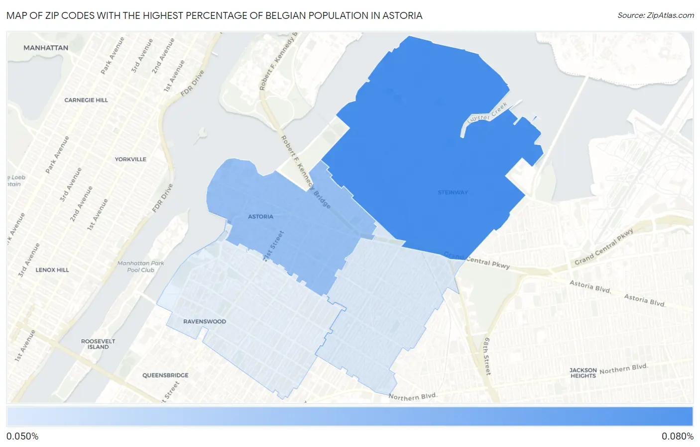 Zip Codes with the Highest Percentage of Belgian Population in Astoria Map