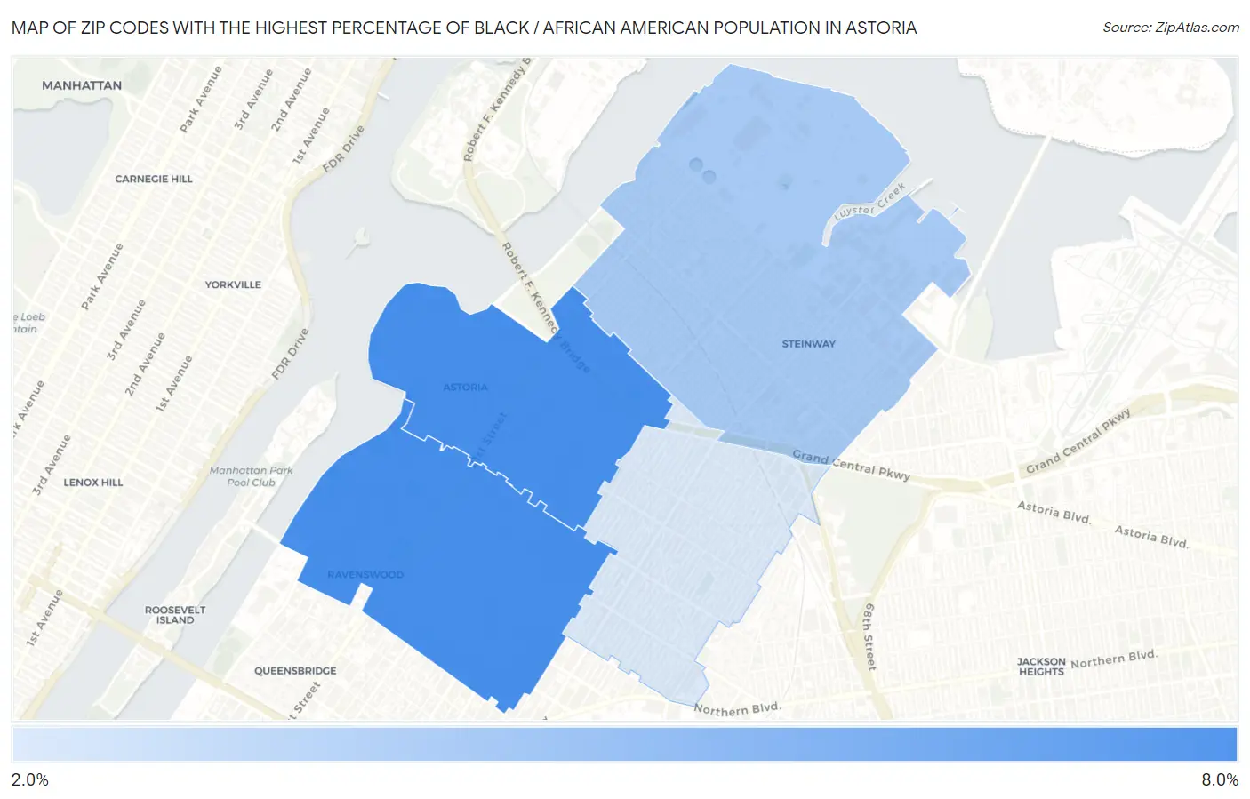 Zip Codes with the Highest Percentage of Black / African American Population in Astoria Map
