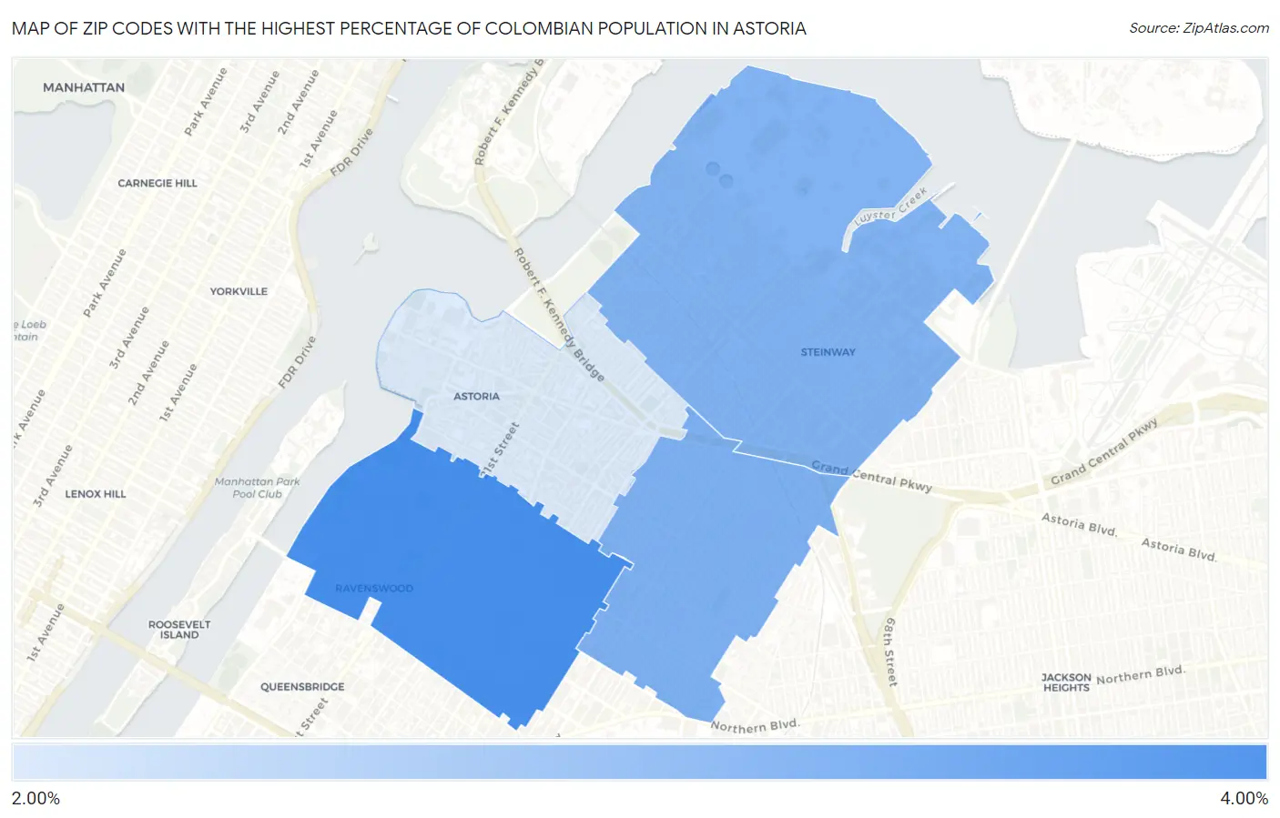 Zip Codes with the Highest Percentage of Colombian Population in Astoria Map
