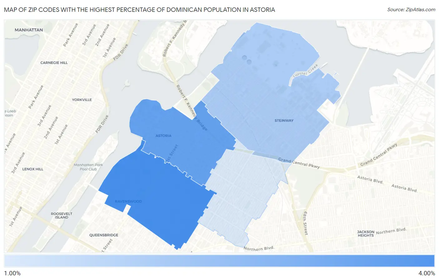 Zip Codes with the Highest Percentage of Dominican Population in Astoria Map