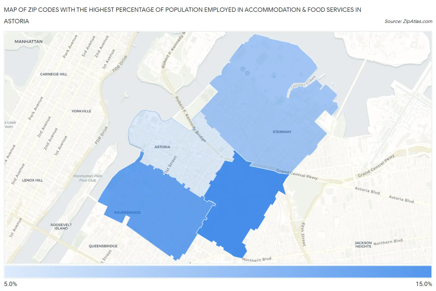 Zip Codes with the Highest Percentage of Population Employed in Accommodation & Food Services in Astoria Map