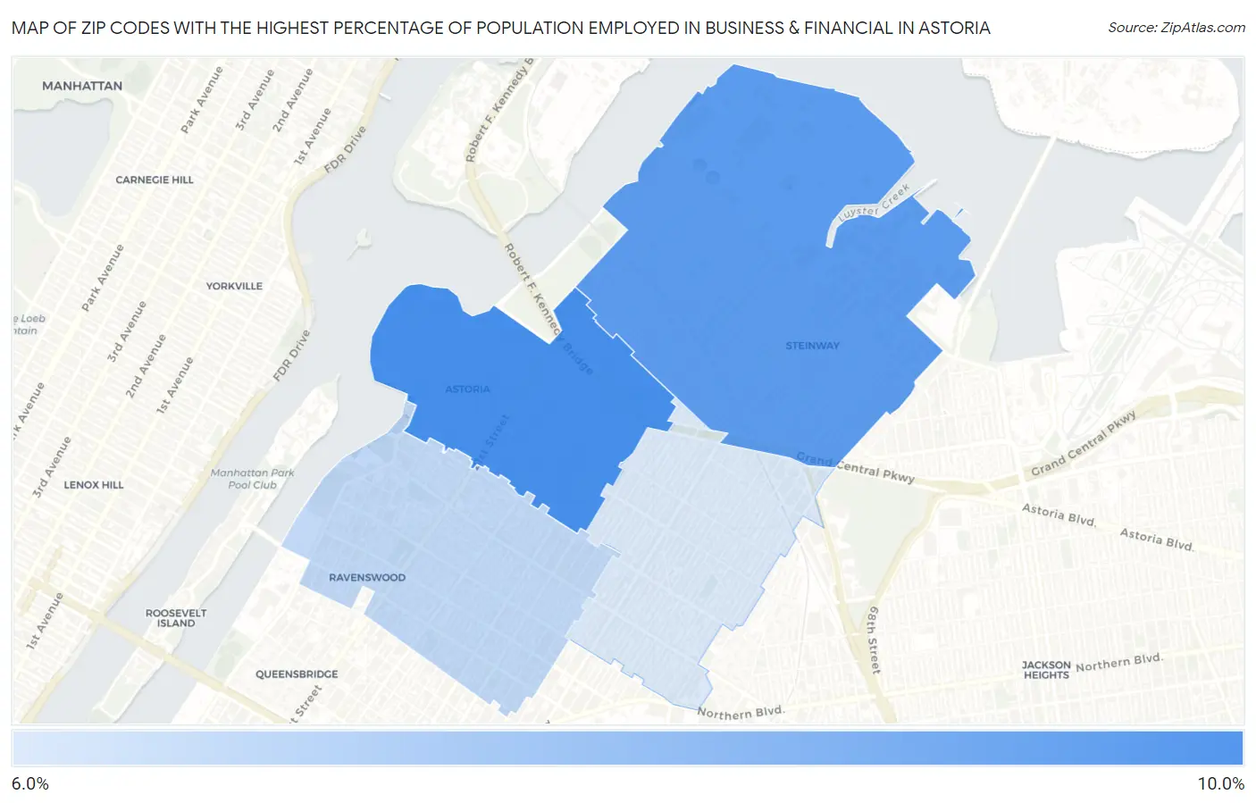 Zip Codes with the Highest Percentage of Population Employed in Business & Financial in Astoria Map