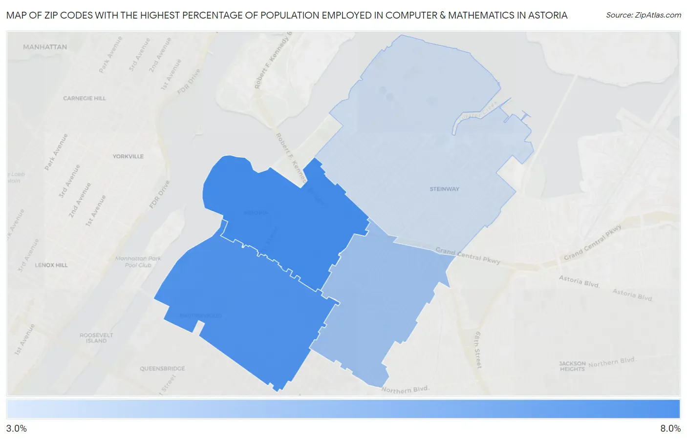 Zip Codes with the Highest Percentage of Population Employed in Computer & Mathematics in Astoria Map