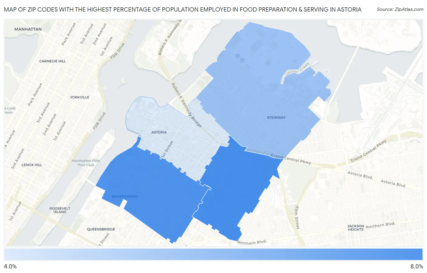 Zip Codes with the Highest Percentage of Population Employed in Food Preparation & Serving in Astoria Map