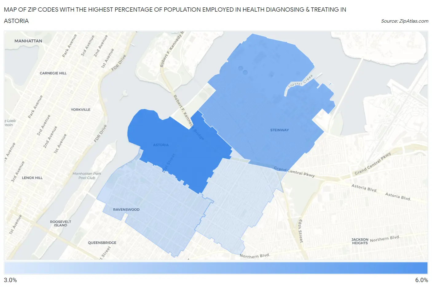 Zip Codes with the Highest Percentage of Population Employed in Health Diagnosing & Treating in Astoria Map