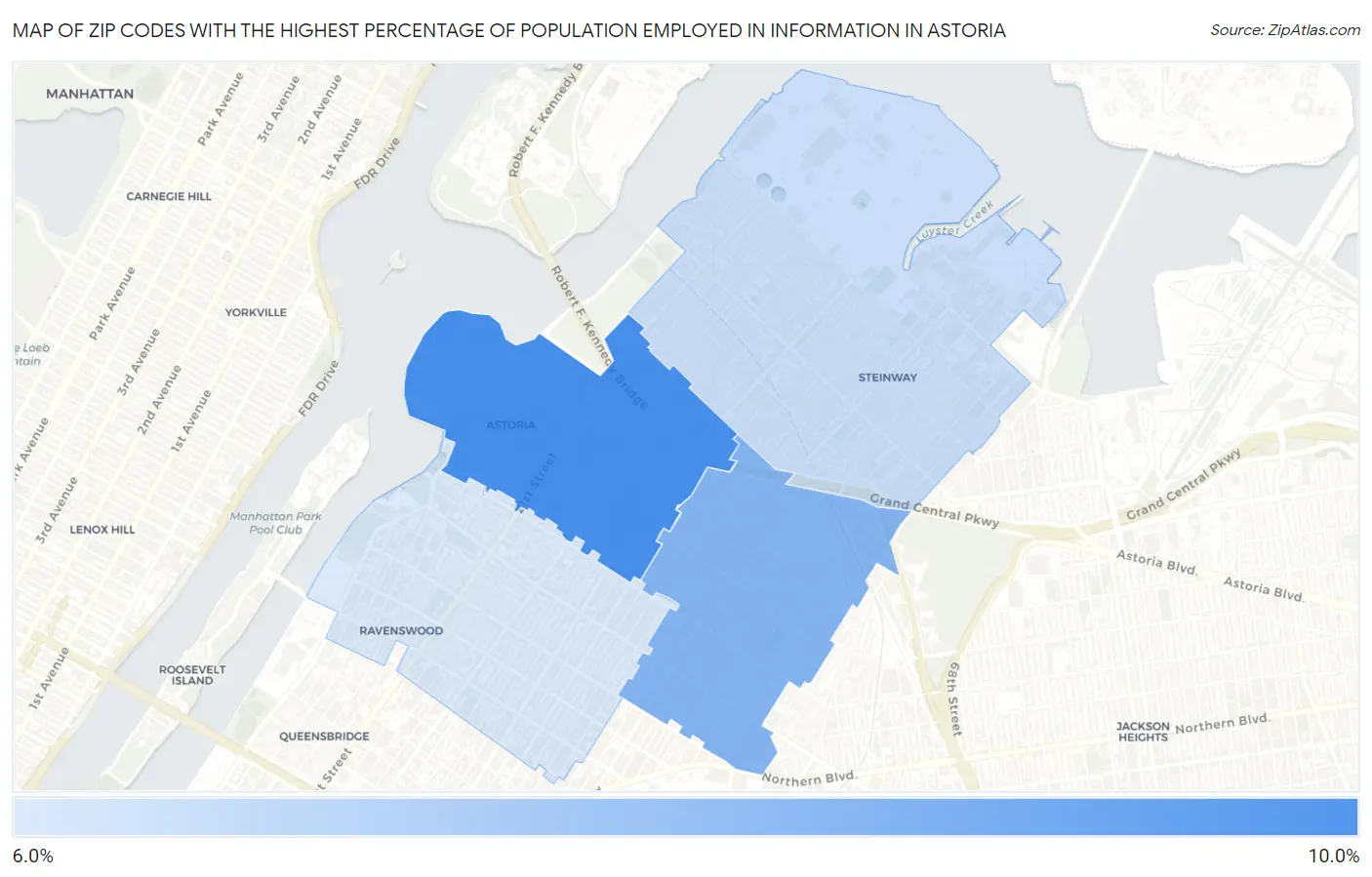 Zip Codes with the Highest Percentage of Population Employed in Information in Astoria Map