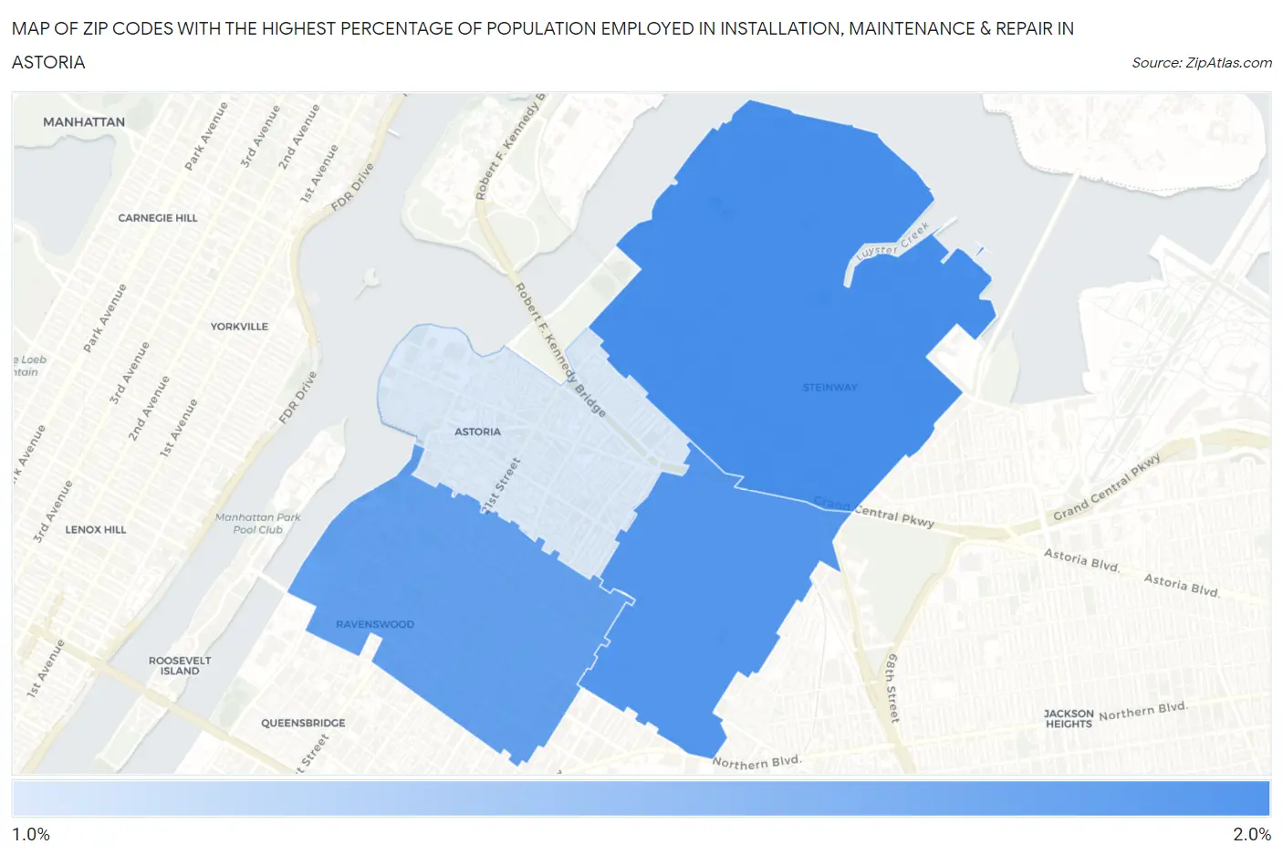 Zip Codes with the Highest Percentage of Population Employed in Installation, Maintenance & Repair in Astoria Map