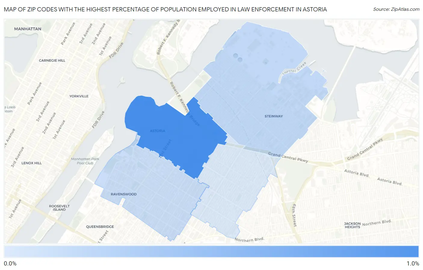 Zip Codes with the Highest Percentage of Population Employed in Law Enforcement in Astoria Map