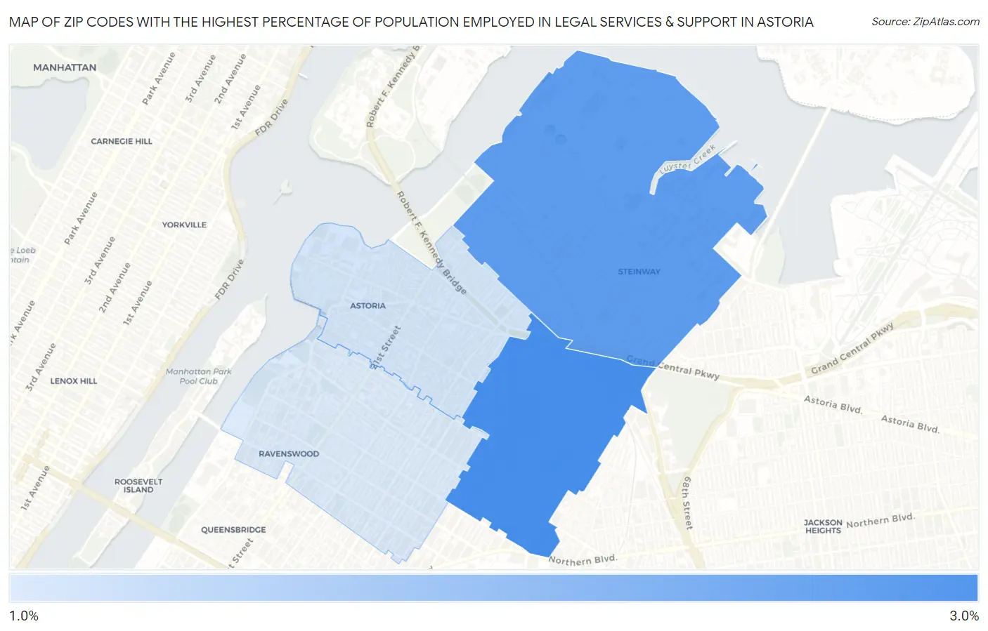 Zip Codes with the Highest Percentage of Population Employed in Legal Services & Support in Astoria Map