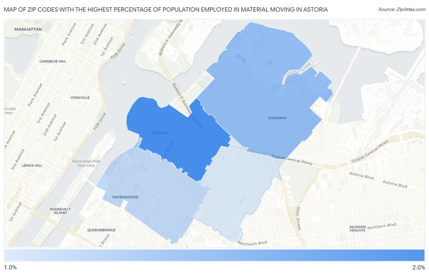 Zip Codes with the Highest Percentage of Population Employed in Material Moving in Astoria Map