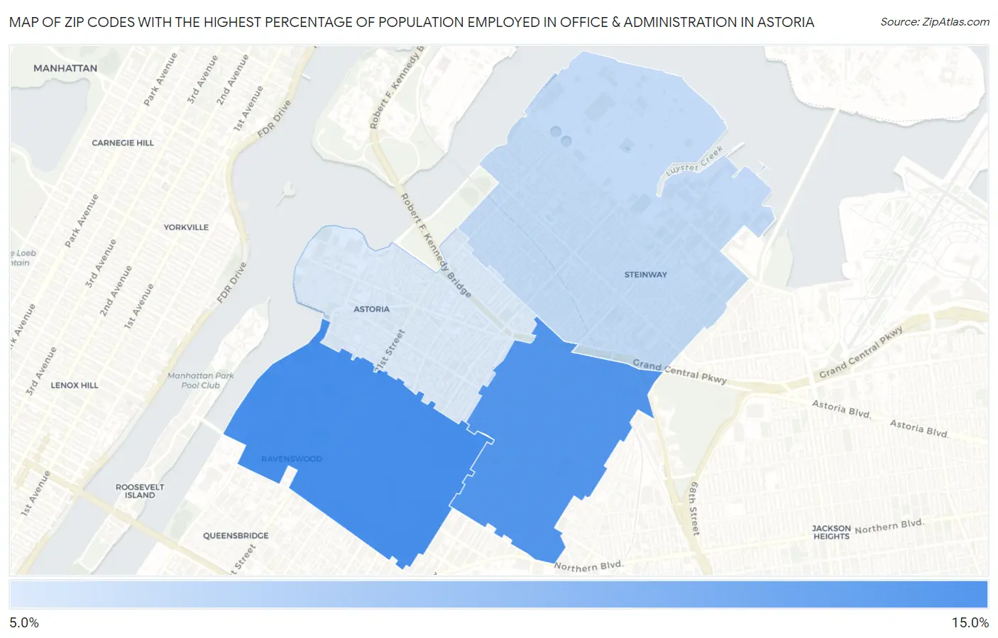 Zip Codes with the Highest Percentage of Population Employed in Office & Administration in Astoria Map