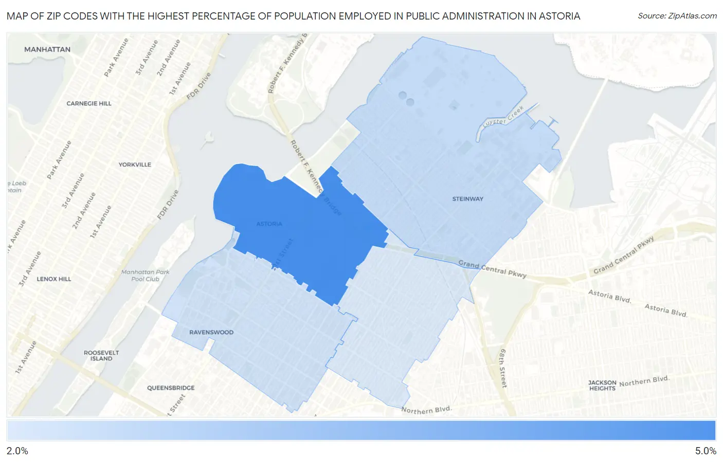 Zip Codes with the Highest Percentage of Population Employed in Public Administration in Astoria Map