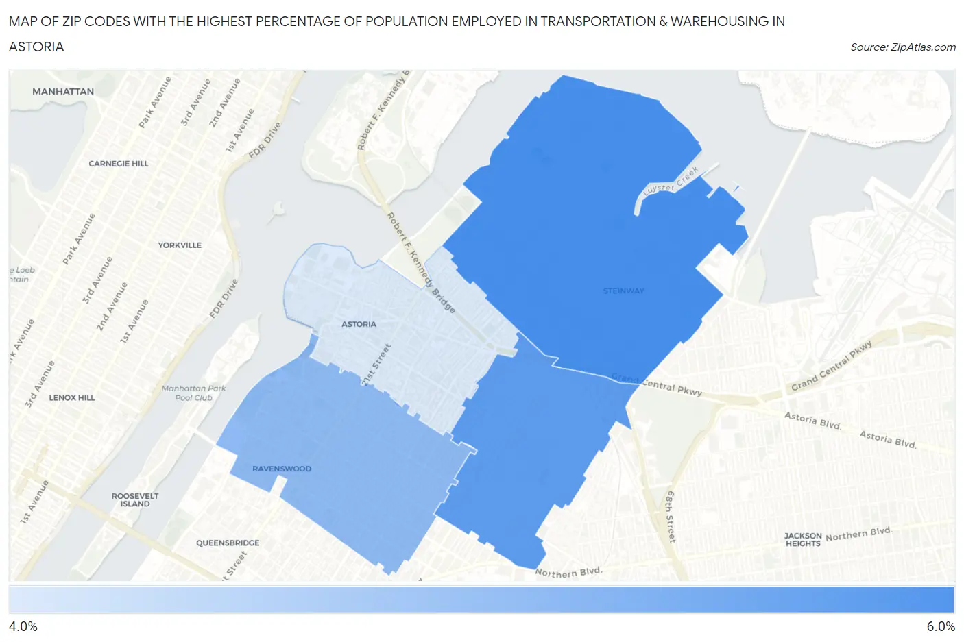 Zip Codes with the Highest Percentage of Population Employed in Transportation & Warehousing in Astoria Map