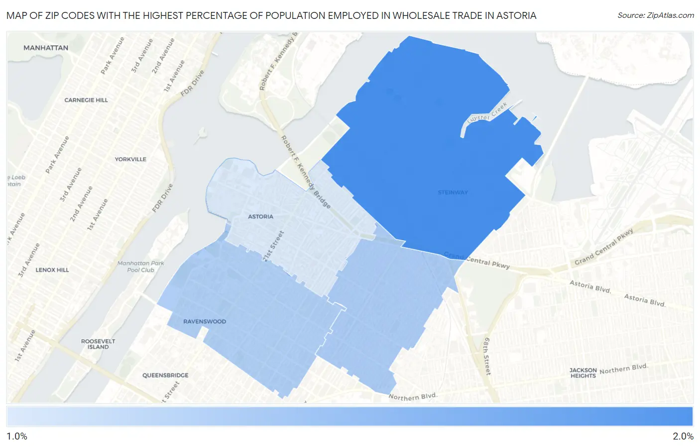 Zip Codes with the Highest Percentage of Population Employed in Wholesale Trade in Astoria Map