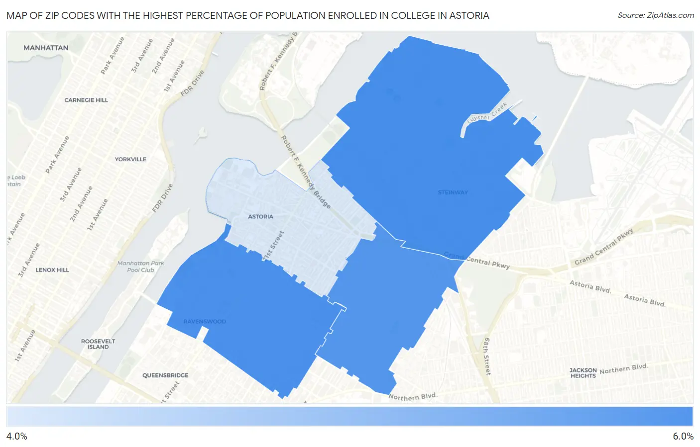 Zip Codes with the Highest Percentage of Population Enrolled in College in Astoria Map