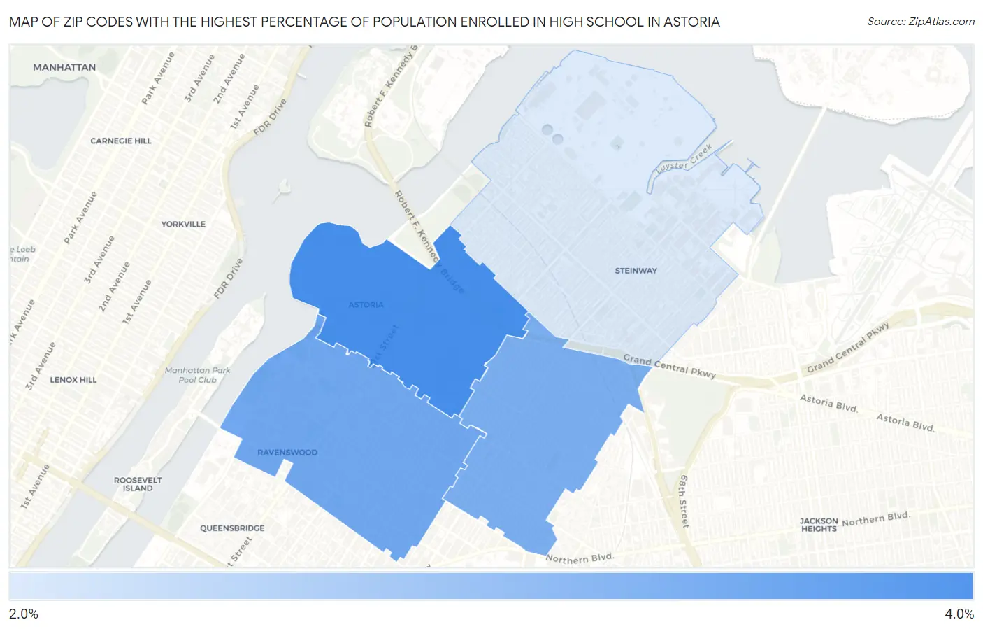 Zip Codes with the Highest Percentage of Population Enrolled in High School in Astoria Map