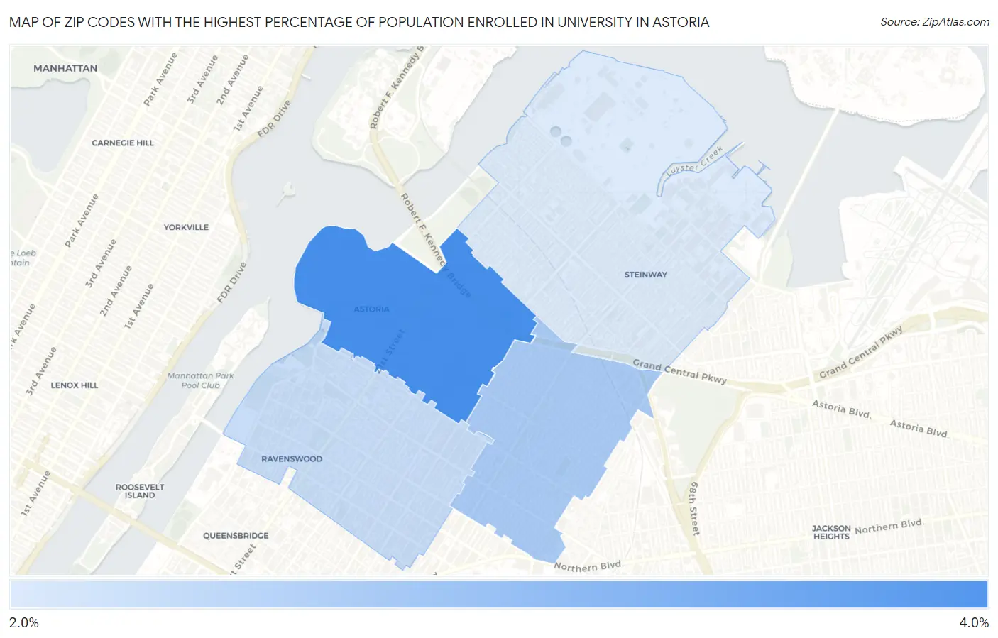 Zip Codes with the Highest Percentage of Population Enrolled in University in Astoria Map