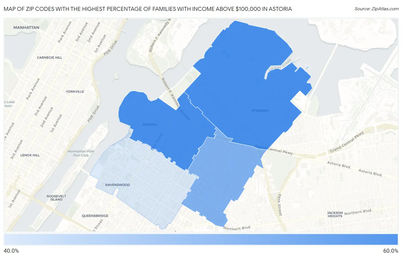 Zip Codes with the Highest Percentage of Families with Income Above $100,000 in Astoria Map