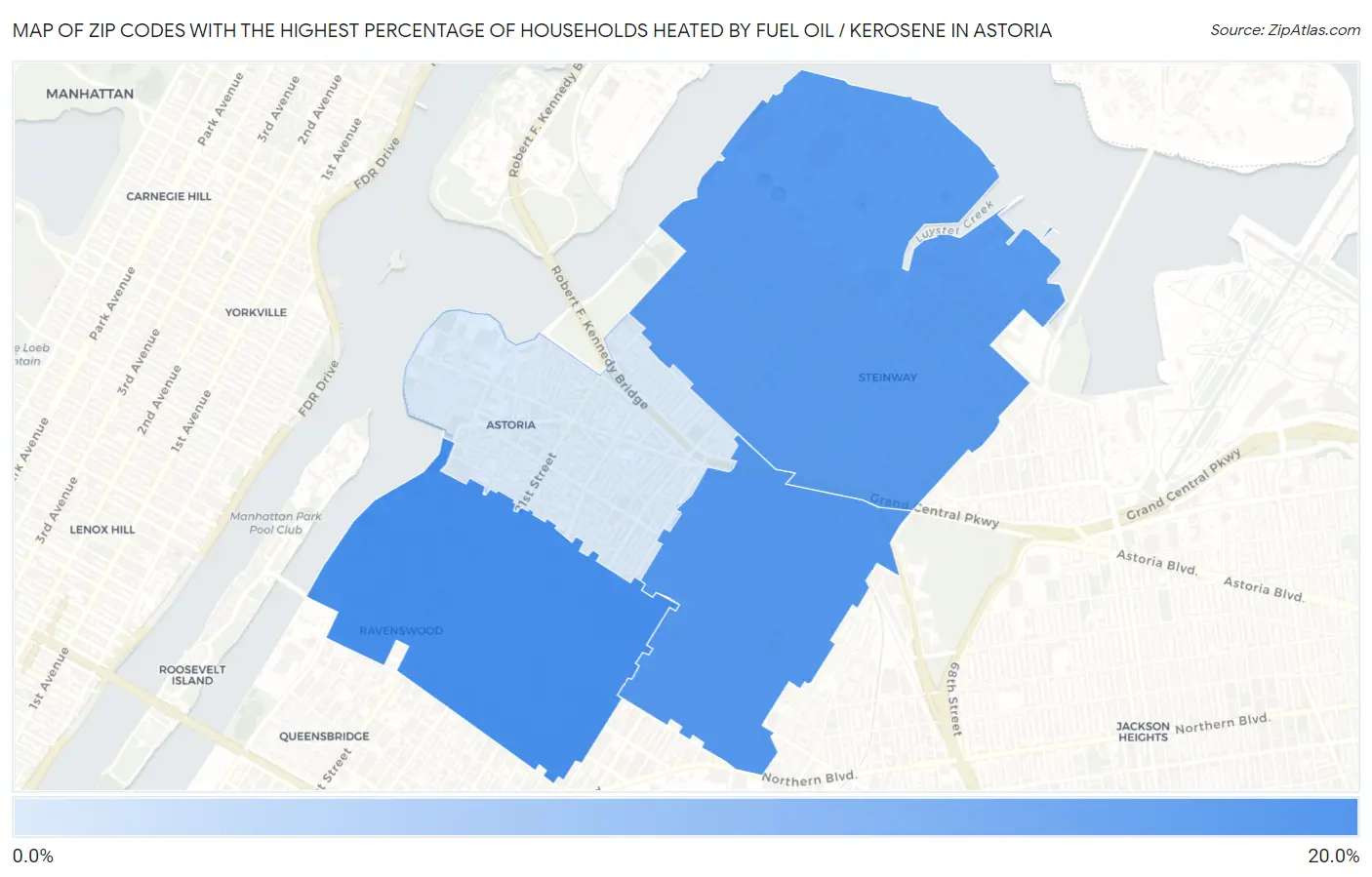 Zip Codes with the Highest Percentage of Households Heated by Fuel Oil / Kerosene in Astoria Map