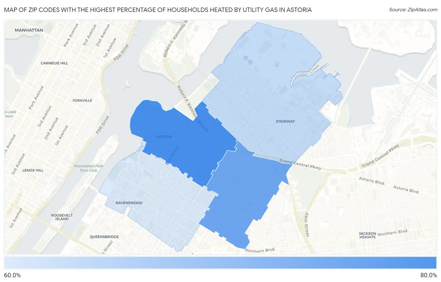 Zip Codes with the Highest Percentage of Households Heated by Utility Gas in Astoria Map
