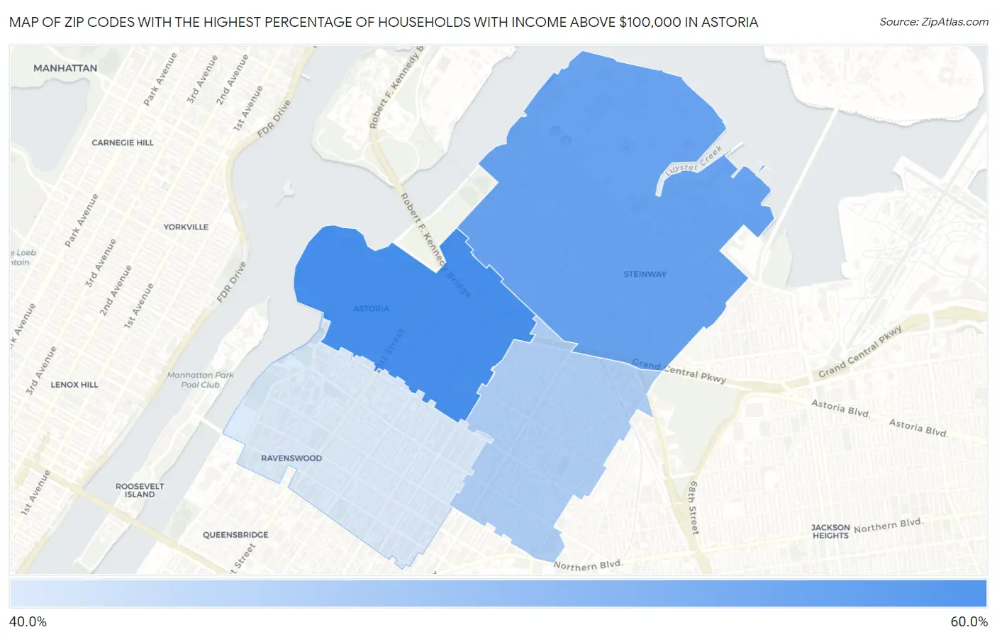 Zip Codes with the Highest Percentage of Households with Income Above $100,000 in Astoria Map