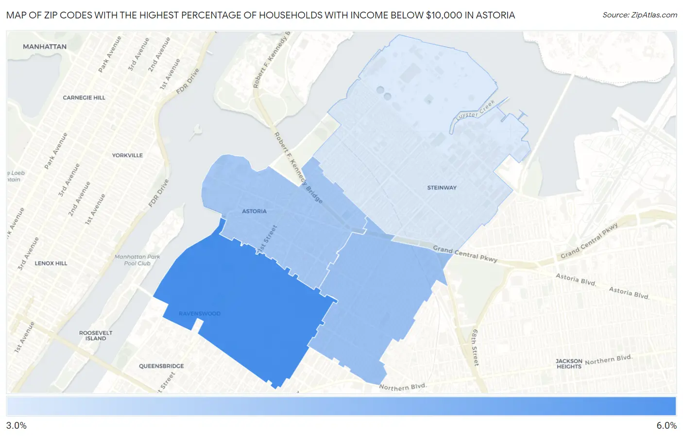 Zip Codes with the Highest Percentage of Households with Income Below $10,000 in Astoria Map