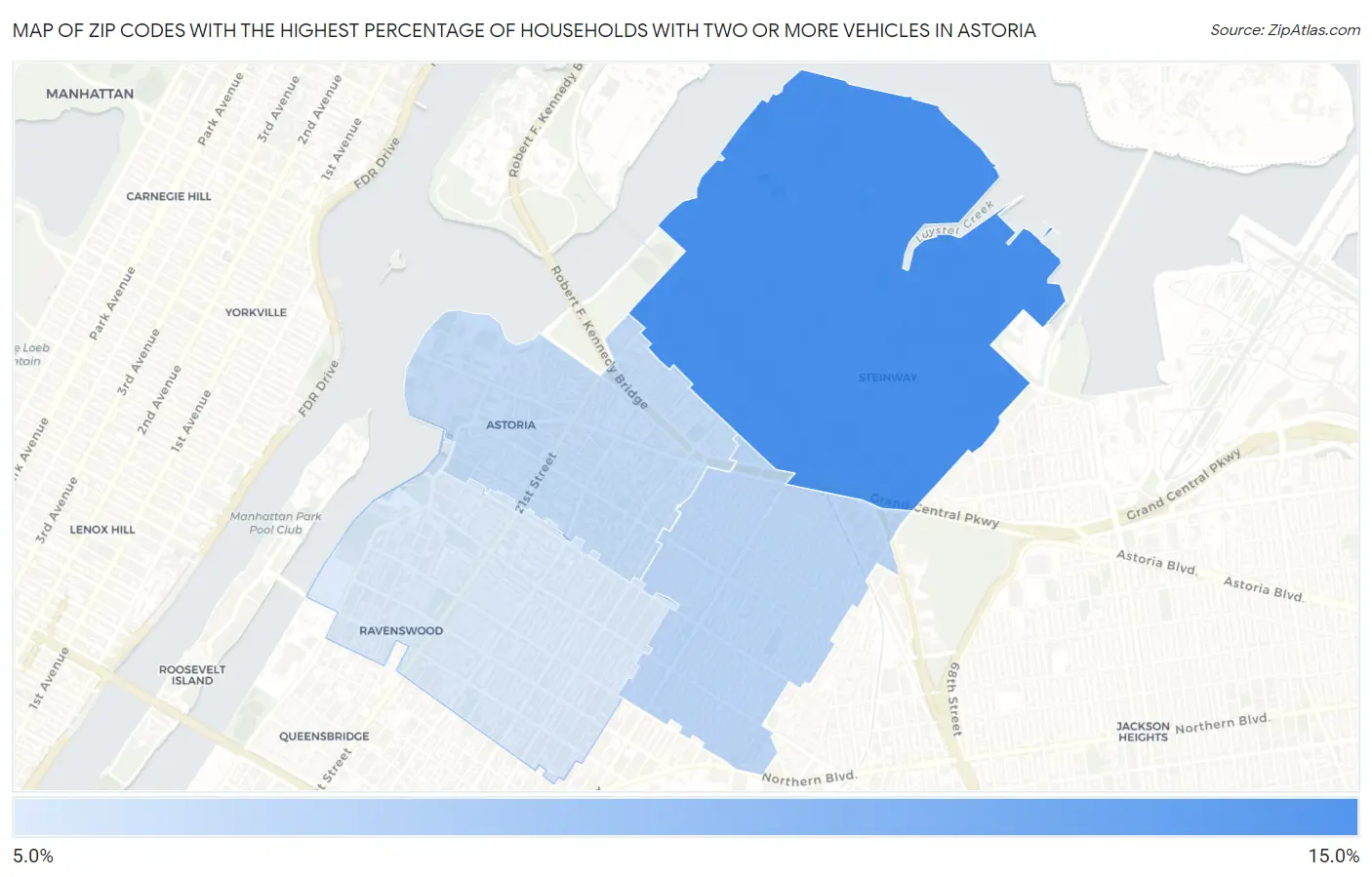 Zip Codes with the Highest Percentage of Households With Two or more Vehicles in Astoria Map