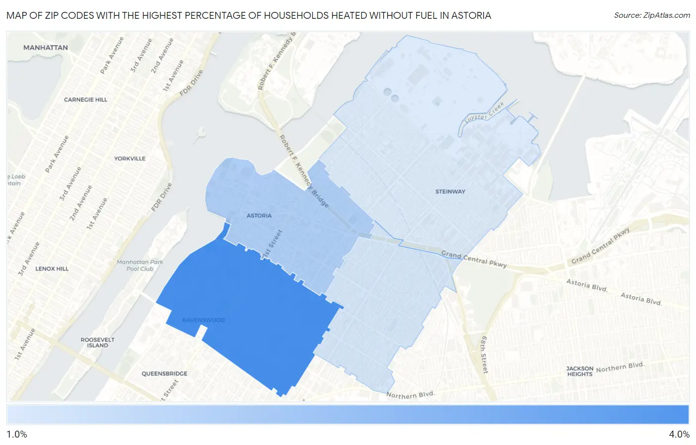 Zip Codes with the Highest Percentage of Households Heated without Fuel in Astoria Map
