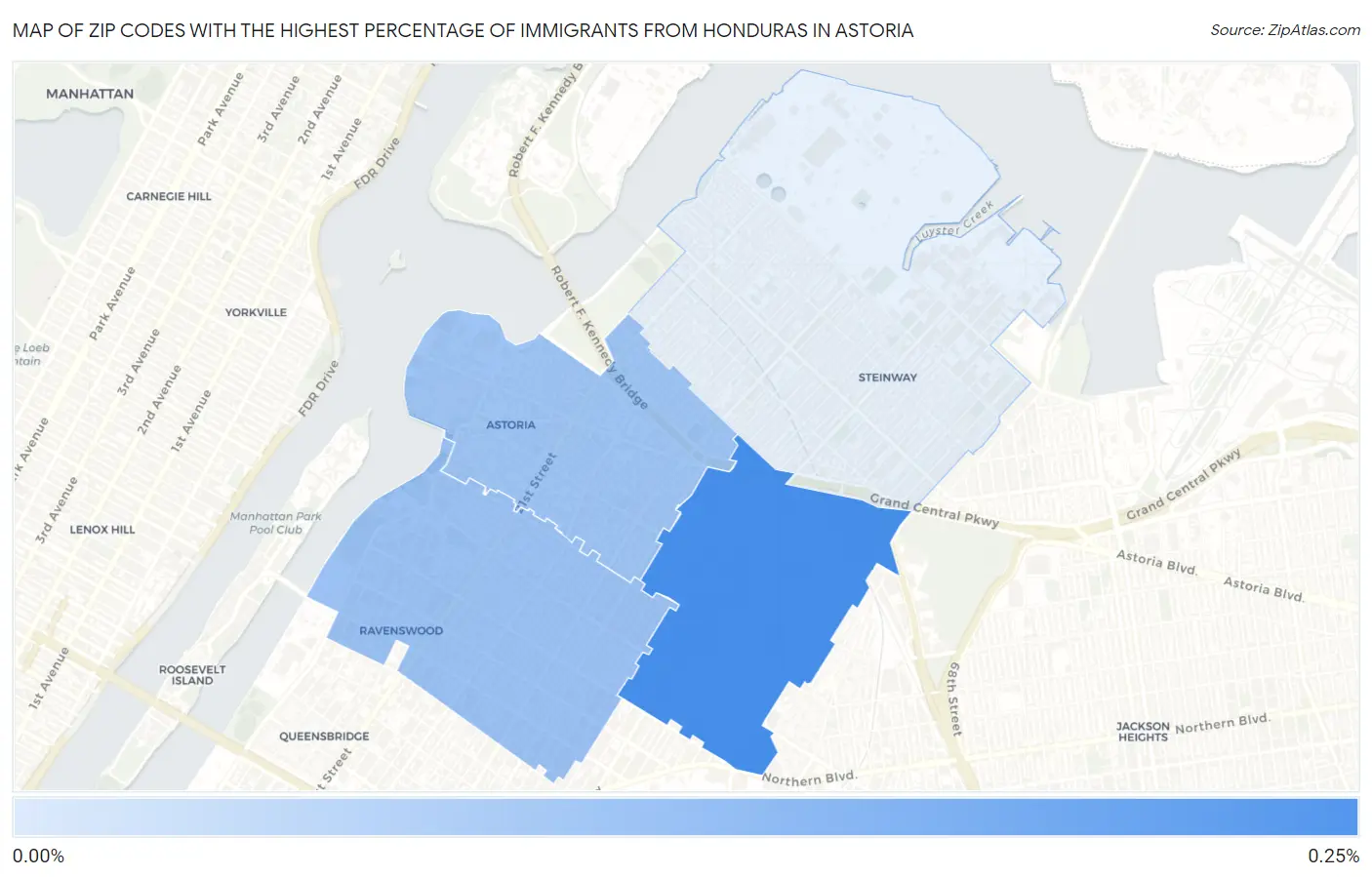 Zip Codes with the Highest Percentage of Immigrants from Honduras in Astoria Map