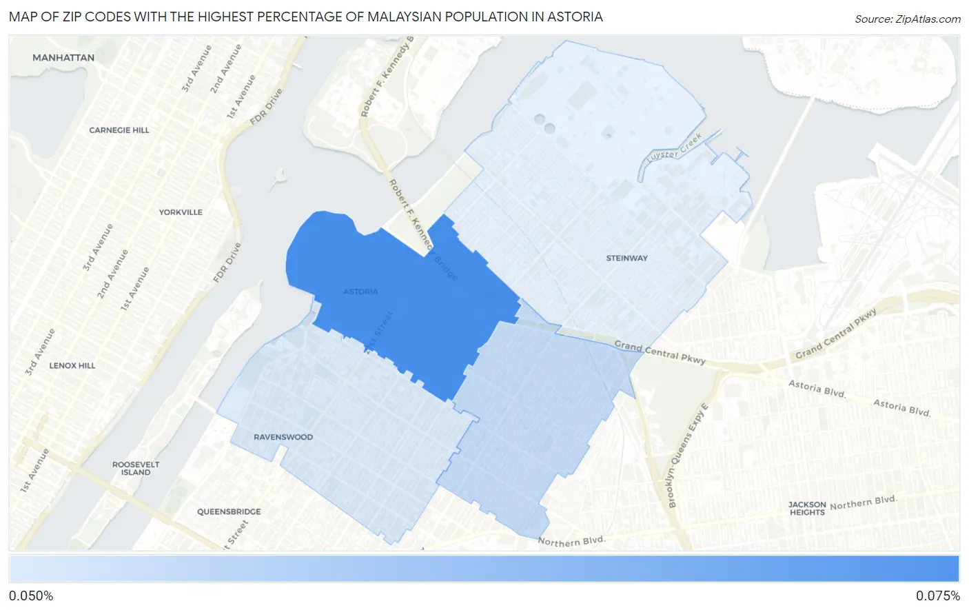 Zip Codes with the Highest Percentage of Malaysian Population in Astoria Map